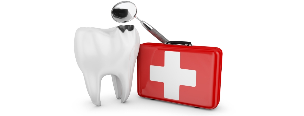 A tooth, dentist tool, and first aid kit, denoting a dental emergency.